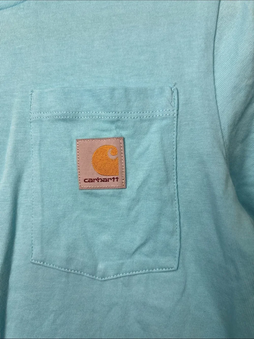 Carhartt blue pocket t-shirt with camping graphic on back
